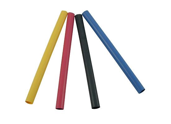 Assorted 1/8" blue, clear, green, red, and yellow 4" heat shrink tubing - 10 pieces