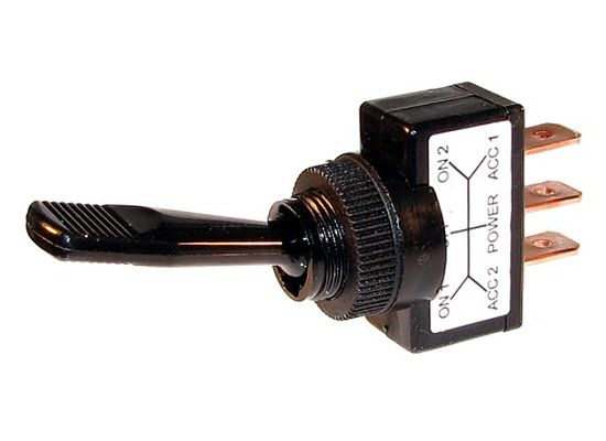 Black non-illuminated toggle switch - 20 amp, 12 volt, S.P.D.T. on / off / on - SINGLE