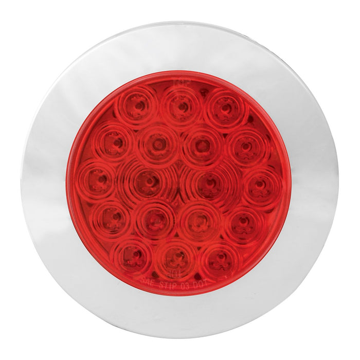 "Fleet" Red 4" round 18 diode LED stop/turn/tail light w/Twist N Lock chrome plastic bezel - flange mount, 3 prong pigtail