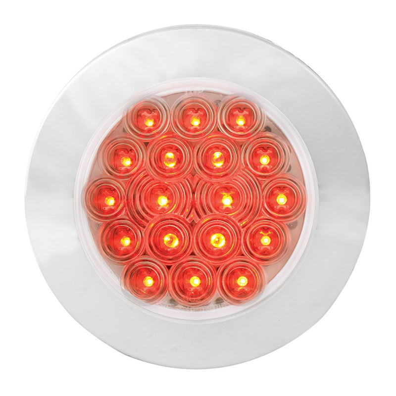 "Fleet" Red 4" round 18 diode LED stop/turn/tail light w/Twist N Lock chrome plastic bezel - flange mount, 3 prong pigtail - CLEAR lens