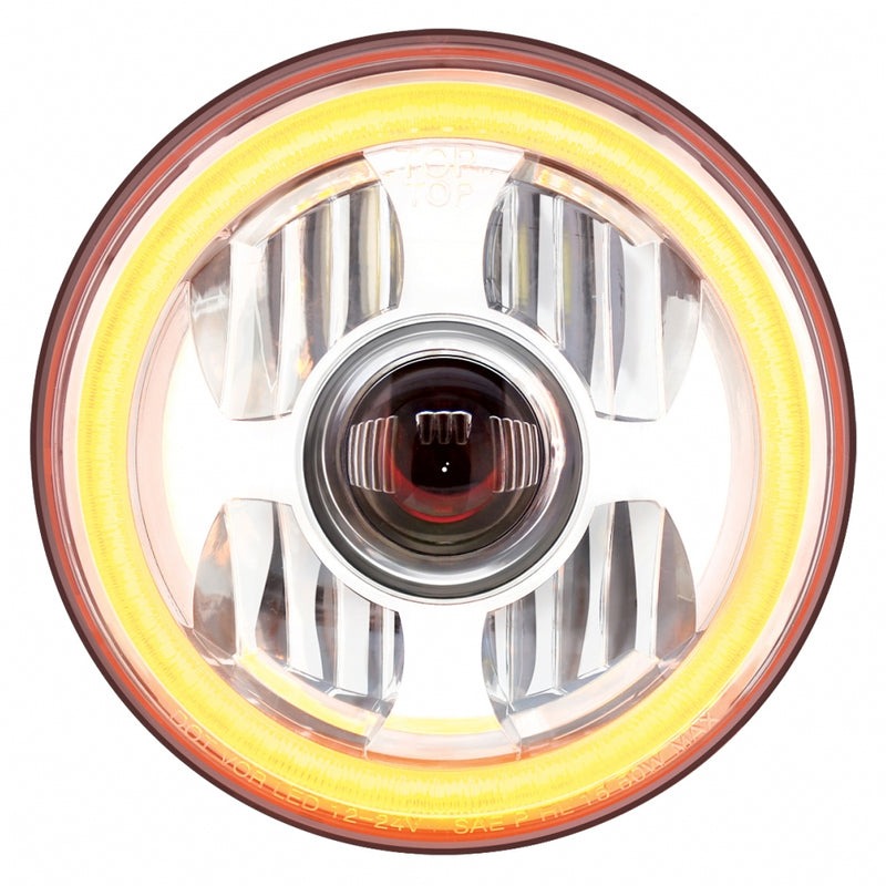 "Halo Glow" single 7" diameter LED projection-style headlight with amber/white outer ring - SINGLE