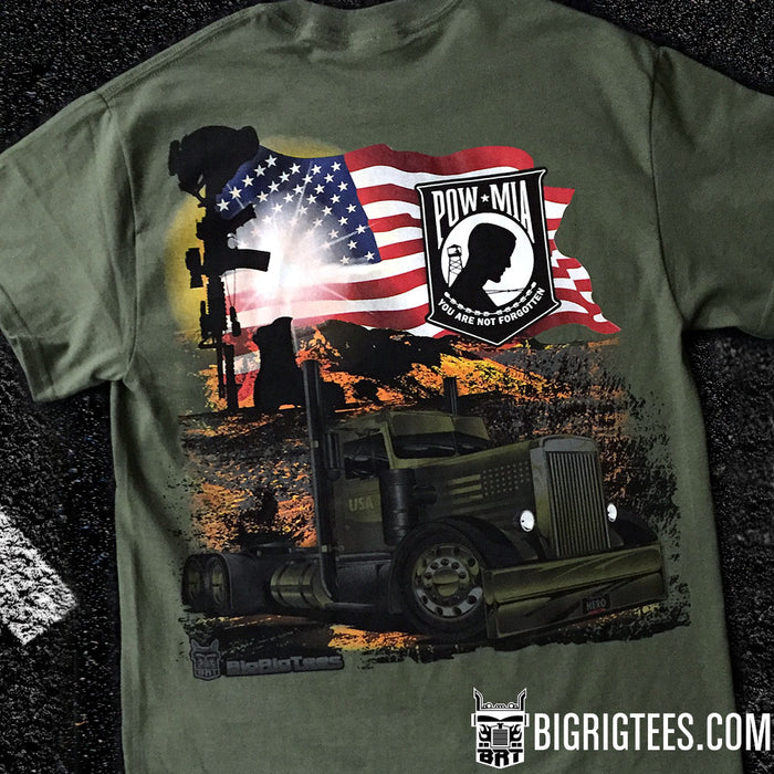 POW/MIA Waving Flag trucker tee shirt