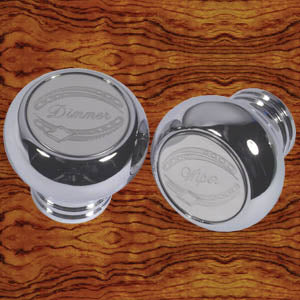 Rockwood chrome "Dimmer"/"Wiper" small dash control knobs - PAIR
