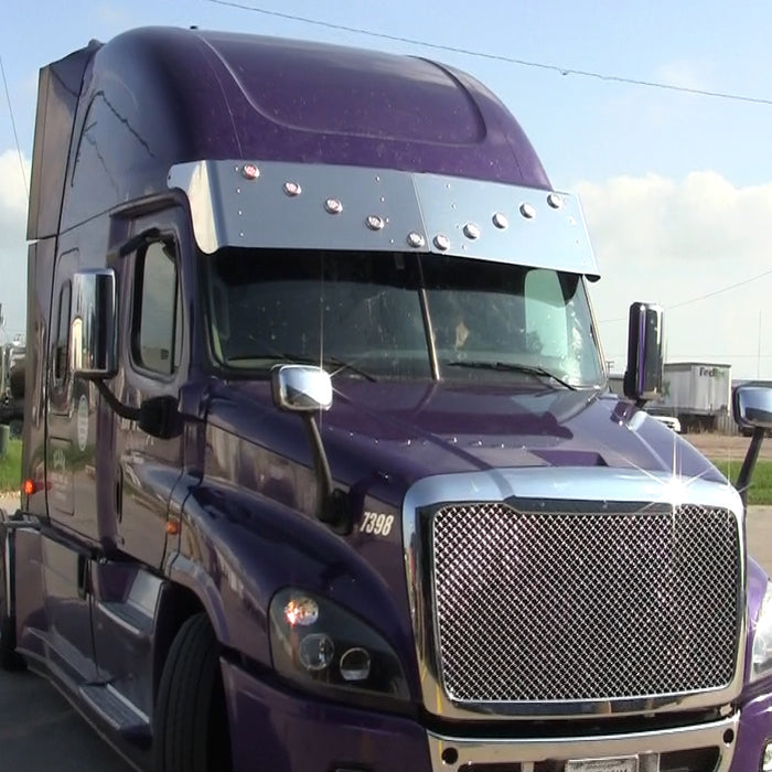 Freightliner Cascadia 18" stainless steel drop visor w/10 round 2" light holes in V-formation