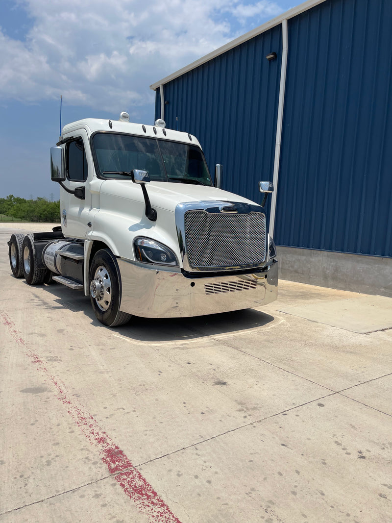 Freightliner Cascadia 2008-2017 18" stainless steel wraparound bumper w/center grill cutout & tow holes