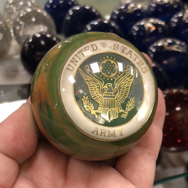 Camouflage w/Army embedded emblem 2.25" diameter round gear shift knob w/ 1/2" x 13 adapter