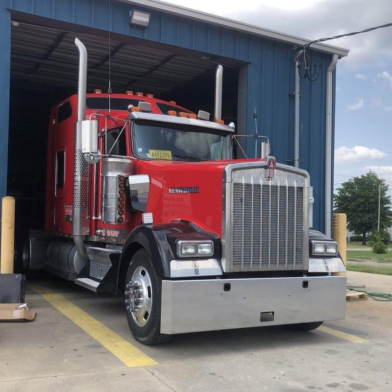 Kenworth W900L chrome mitered end bumper with standard tow & mounting holes