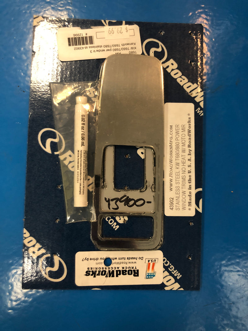 Kenworth T680/T880 stainless steel power window trim w/moto mirror switch cutout