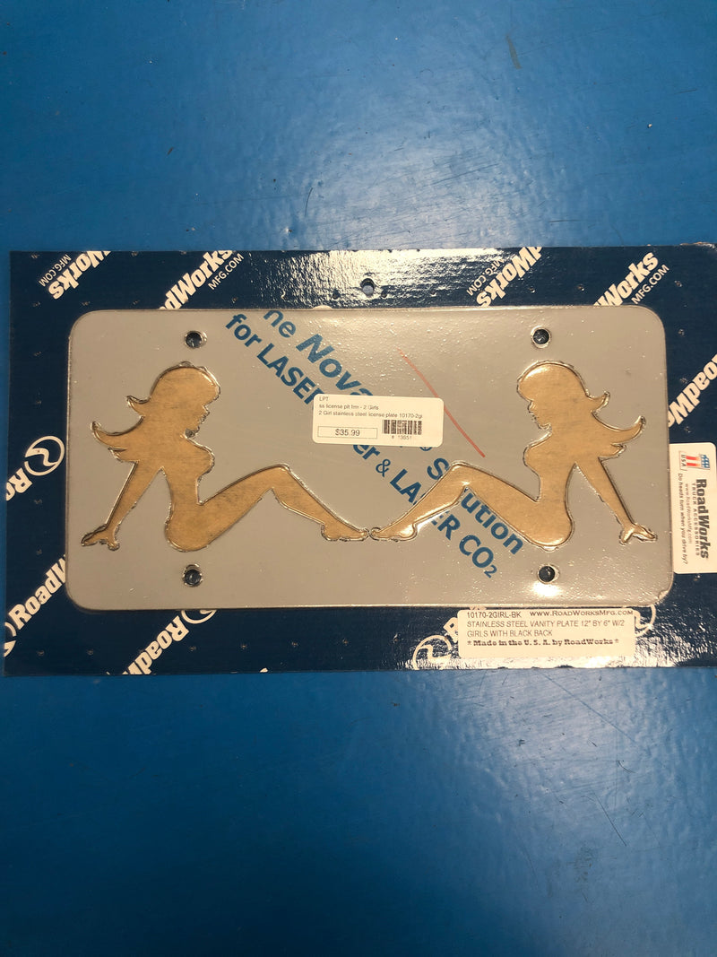 2 Mudflap Girls stainless steel license plate with black background