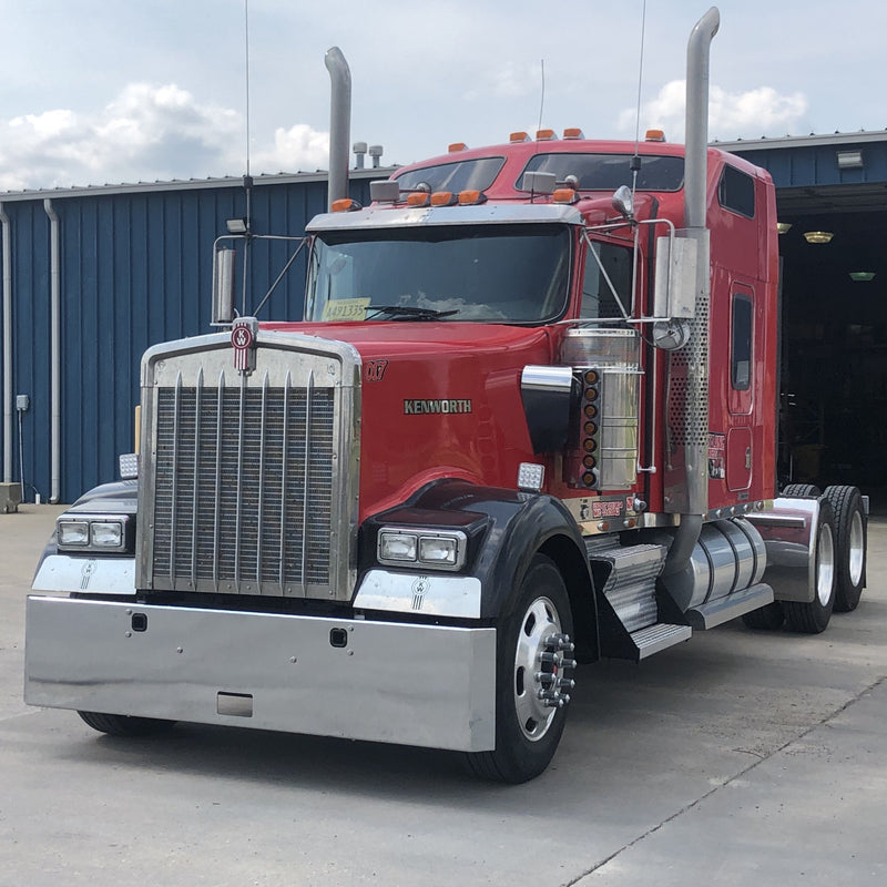 Kenworth W900L chrome mitered end bumper with standard tow & mounting holes