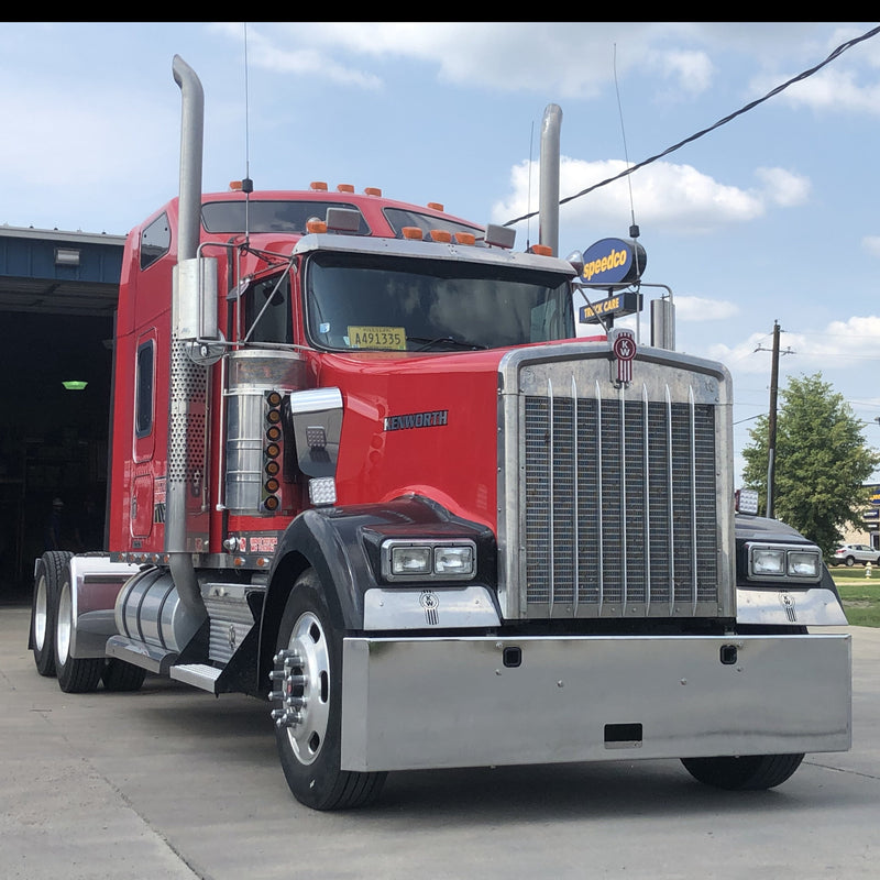 Kenworth W900L chrome mitered end bumper with standard tow & mounting holes
