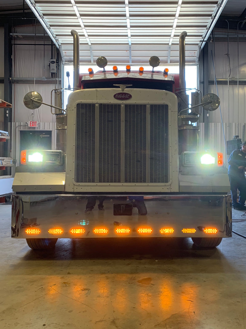 Peterbilt 379 premium 8 gauge chrome 18" rolled end bumper w/standard tow & mounting holes, 9 oval light holes