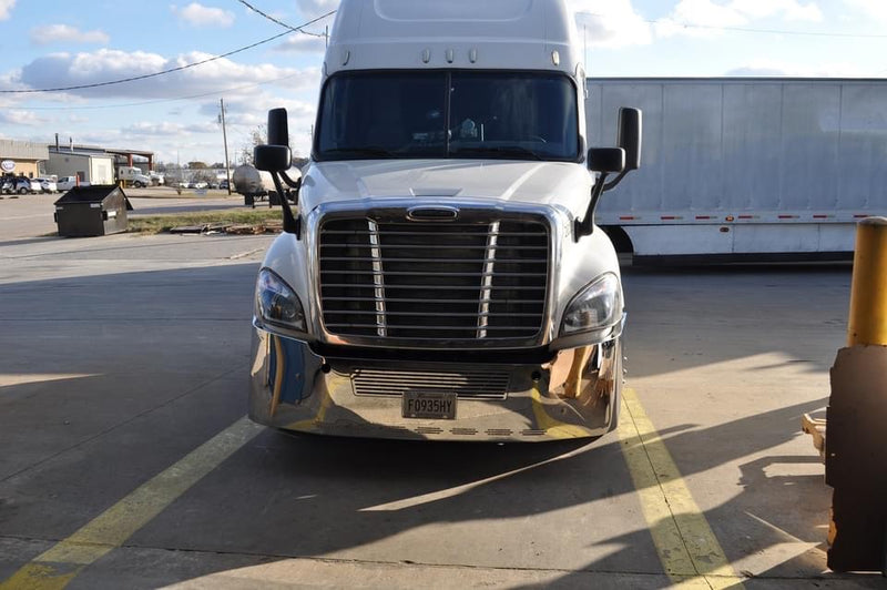 Freightliner Cascadia 2008-2017 18" stainless steel wraparound bumper w/ center grill cutout & tow holes, 9 oval light holes