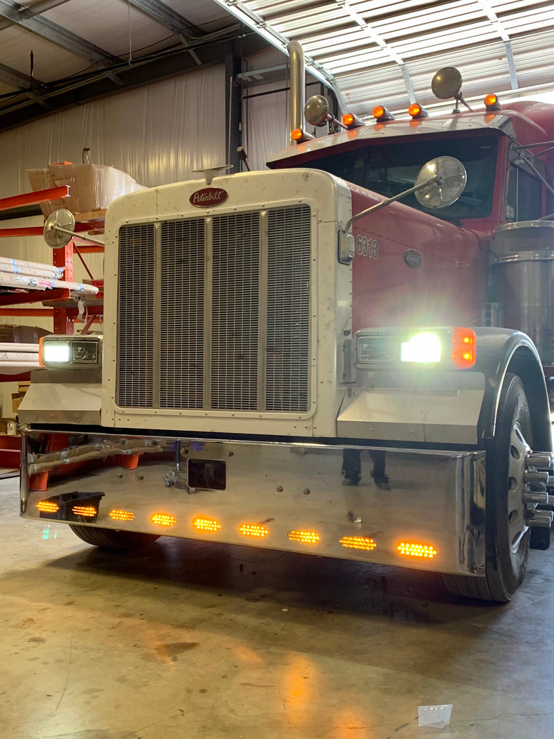 Peterbilt 379 premium 8 gauge chrome 18" rolled end bumper w/standard tow & mounting holes, 9 oval light holes