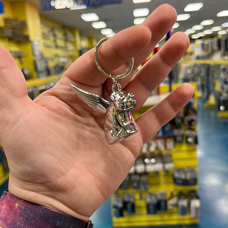 Chrome miniature flying pig key chain