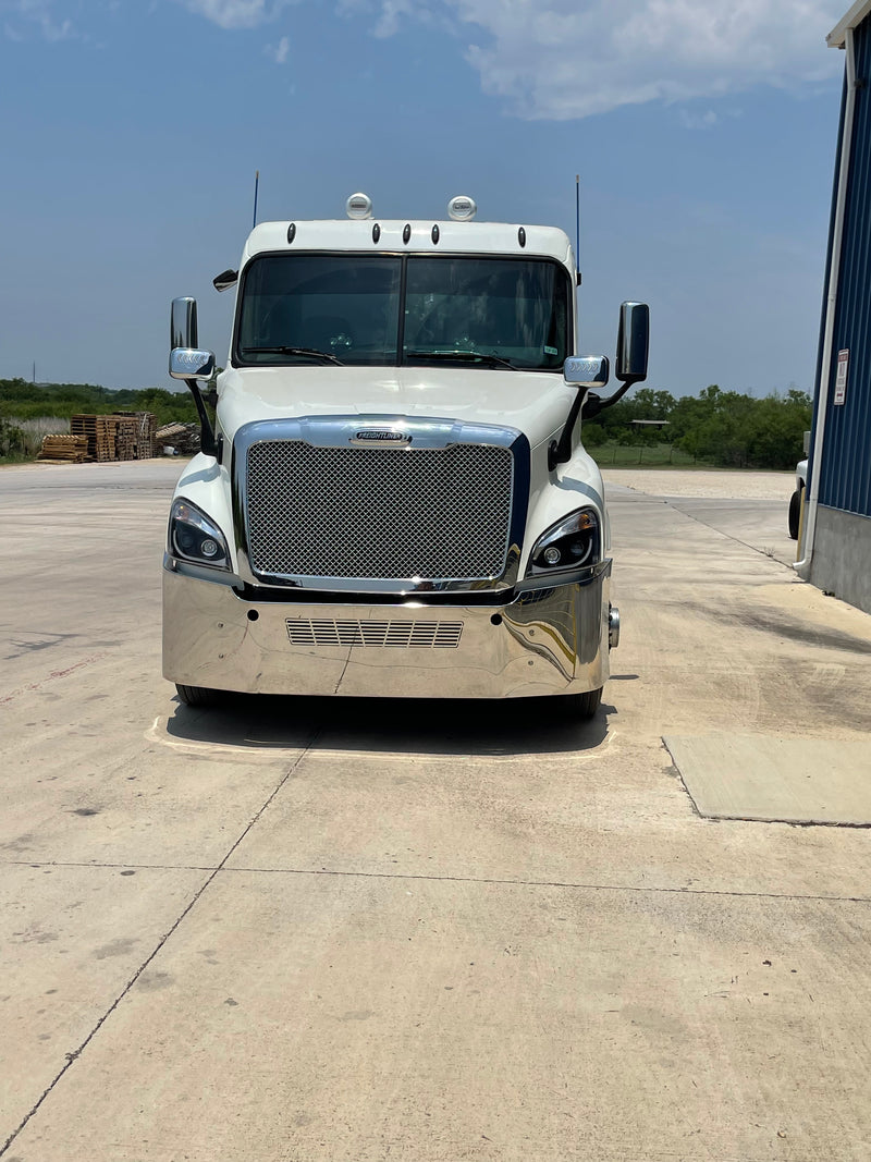 Freightliner Cascadia 2008-2017 18" stainless steel wraparound bumper w/center grill cutout & tow holes