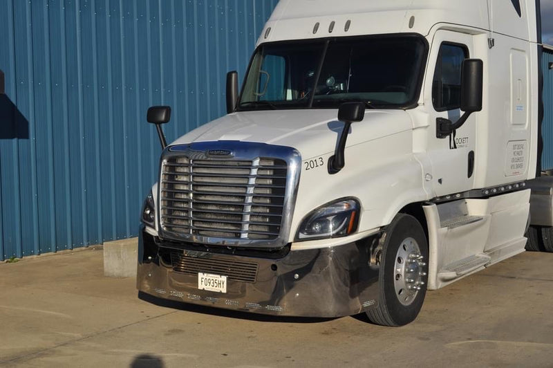 Freightliner Cascadia 2008-2017 18" stainless steel wraparound bumper w/ center grill cutout & tow holes, 9 oval light holes