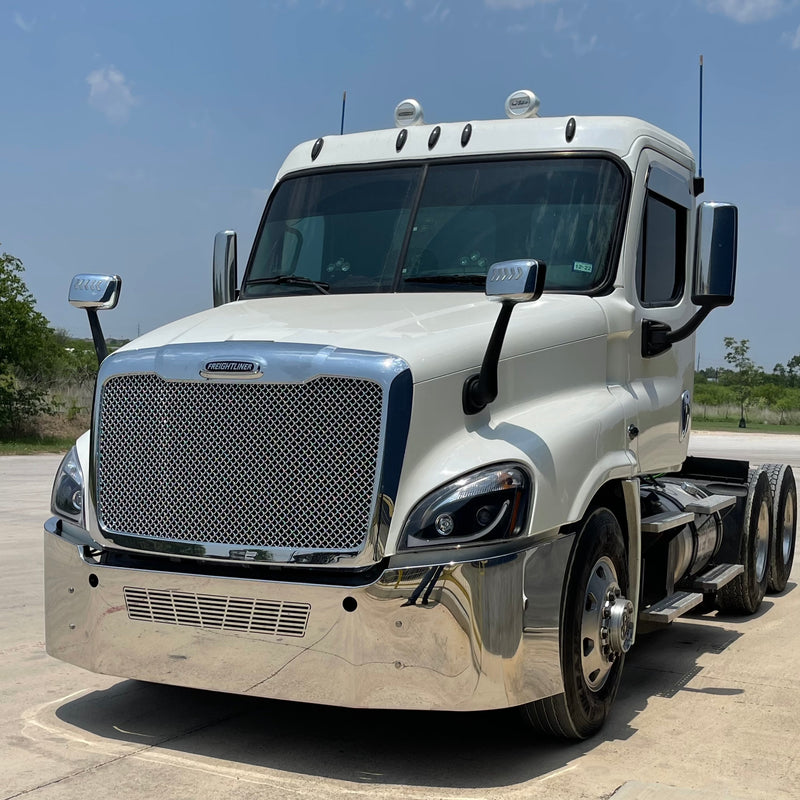 Freightliner Cascadia 2008-2017 18" stainless steel wraparound bumper w/center grill cutout & tow holes