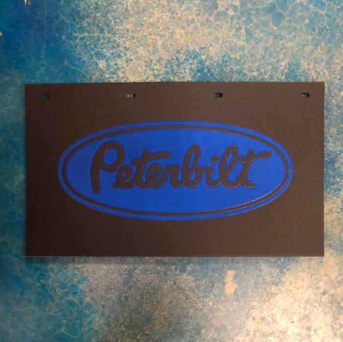 Peterbilt 24" x 14" black step box mudflap w/blue stamped logo