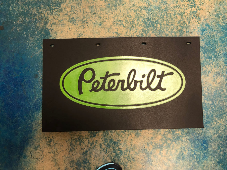 Peterbilt 24" x 14" black step box mudflap w/green stamped logo